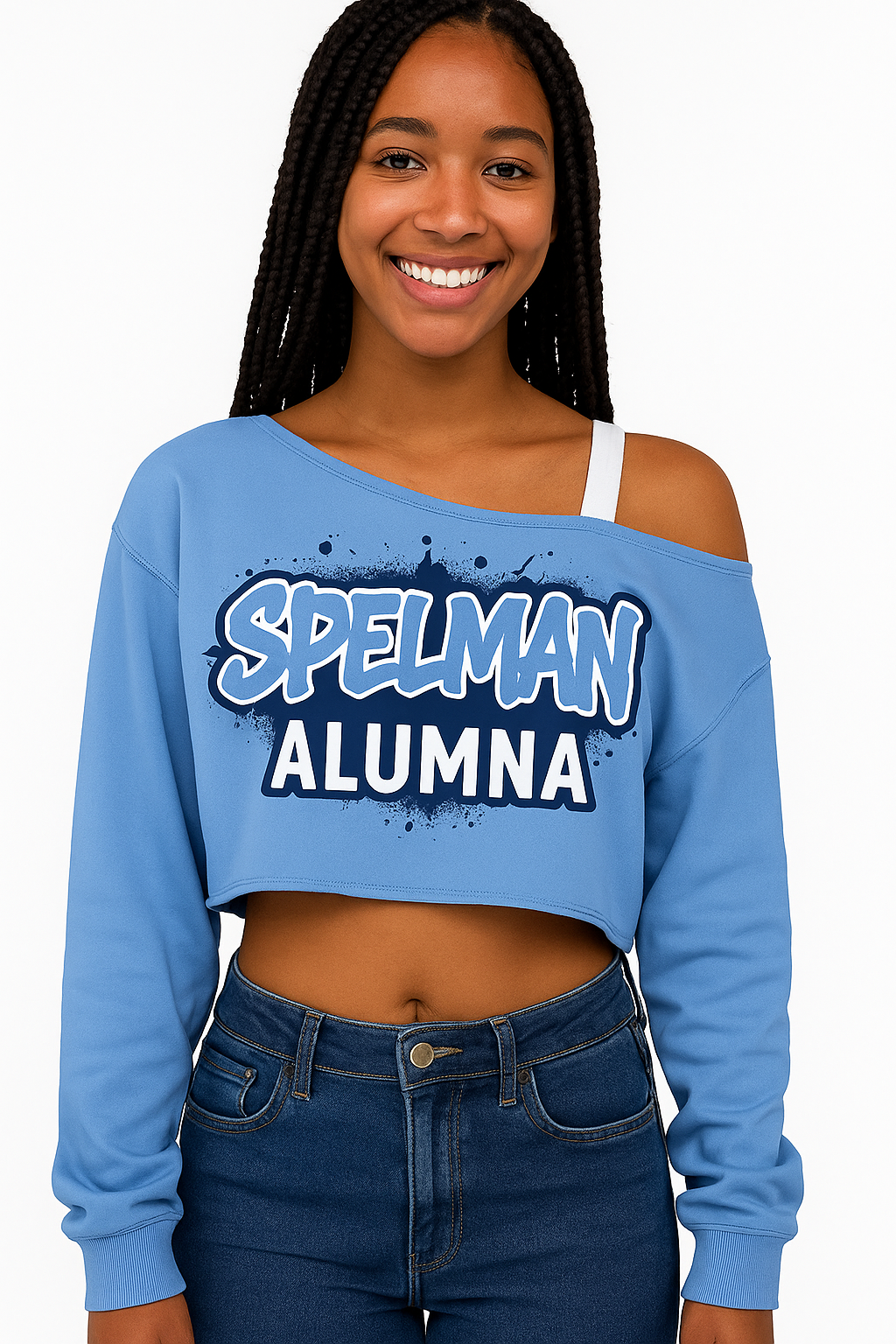 Spelman Off the Shoulder Cropped Graffiti Alumna Sweatshirt